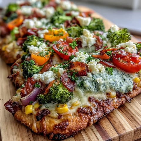 Festive St. Patricks Day Rainbow Veggie Flatbread Pizza topped with mozzarella, feta, and a rainbow of fresh vegetables.