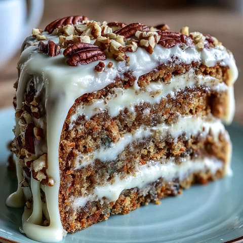 Moist carrot and walnut spring layer cake with rich cream cheese frosting and crunchy walnuts.  