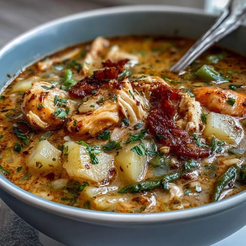 Slow Cooker Chicken Pot Pie Soup with tender chicken and vegetables in a creamy broth.