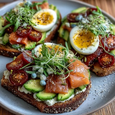 2. Rustic sourdough topped with mashed avocado, smoked salmon, and colorful fresh toppings for a customizable brunch platter.  