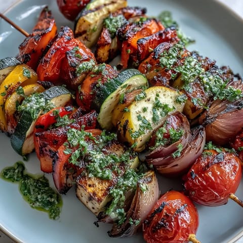 Vibrant summer grilled veggie skewers drizzled with fresh chimichurri, perfect for outdoor gatherings and vegetarian barbecues.  