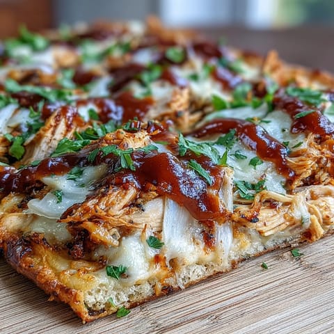 Smoky BBQ chicken flatbread pizza with melty mozzarella, red onion, and fresh cilantro on crispy flatbread.  