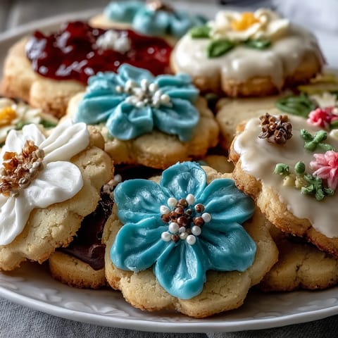 Buttery shortbread cookies decorated with pastel royal icing flowers, offering a sweet and crisp treat for seasonal gatherings.
