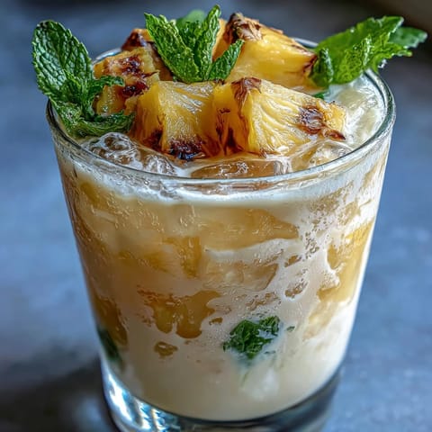 Refreshing pineapple coconut agua fresca with tropical fruit and creamy coconut milk in a clear pitcher, garnished with fresh mint and pineapple wedges.