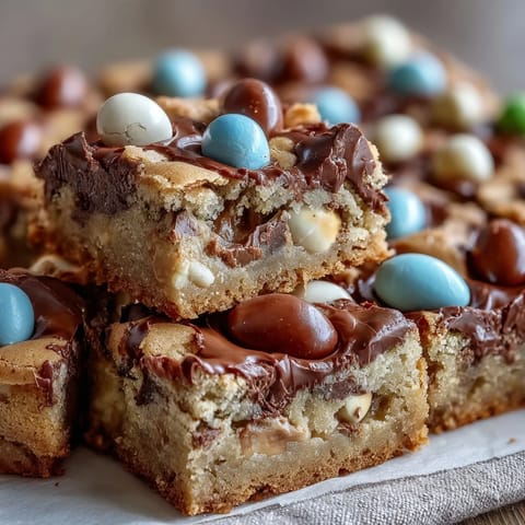 Peanut Butter Easter Egg Cookie Bars with colorful candies and rich chocolate chips, baked to golden perfection in a soft, chewy dessert.
