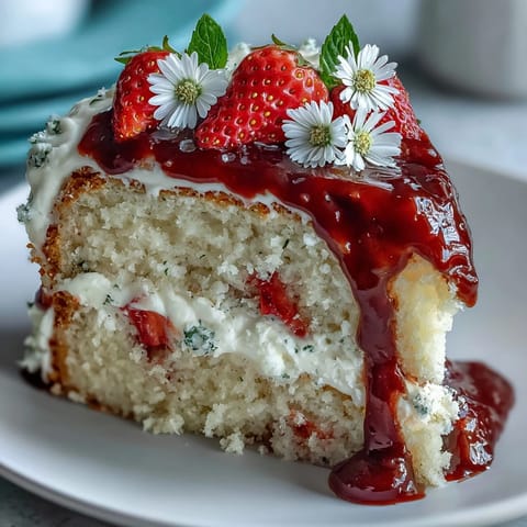Spring Cake: Floral Drip Cake with Strawberry Frosting, a stunning vanilla layer cake with fresh strawberry buttercream and white chocolate drip, crowned with edible flowers.
