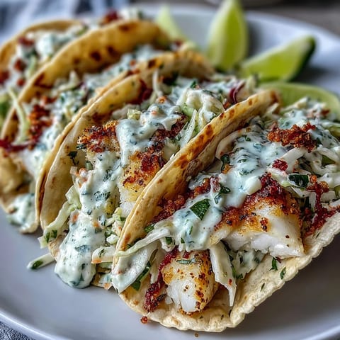 Zesty coconut milk-marinated fish grilled to perfection, served in warm tortillas with fresh cabbage slaw and creamy lime sauce.  