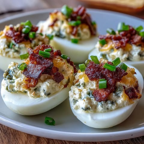 Spicy jalapeño popper deviled eggs with creamy filling, crispy bacon, and fresh jalapeños on a white platter.