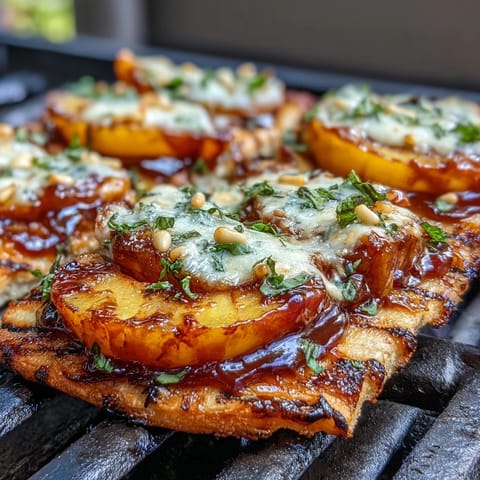 Grilled flatbread topped with BBQ sauce, melted Brie, and juicy peaches for a sweet and smoky summer bite.
