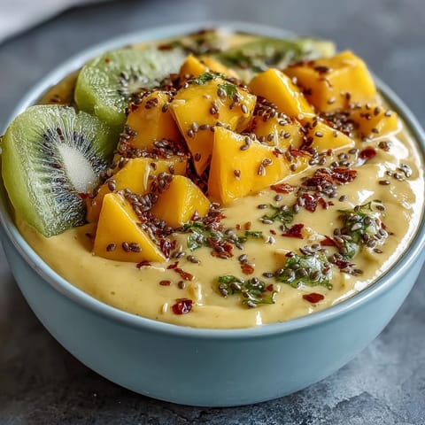 Creamy sweet Mango Chili Lime Smoothie Bowl, refreshing and easy breakfast.