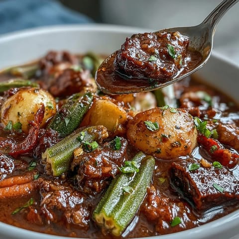 Slow-simmered Kentucky Derby Burgoo Stew, served piping hot with a comforting medley of vegetables.