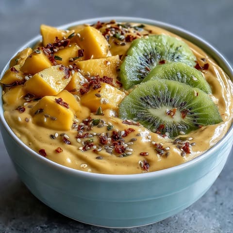 Vibrant Mango Chili Lime Smoothie Bowl topped with fresh fruit.
