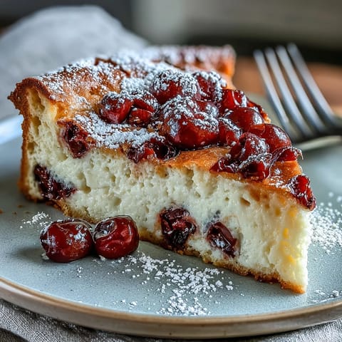 Fresh Cherry Clafoutis: Warm custard hugging plump, baked cherries dusted lightly with sugar.
