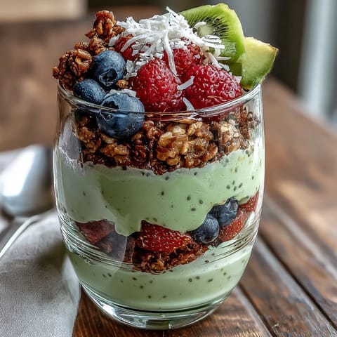 Creamy Fiber-Rich Avocado Chia Pudding Parfait layered with berries and granola.