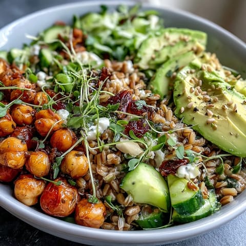 Vibrant Ancient Grains Bowl brimming with farro, quinoa, and chickpeas.