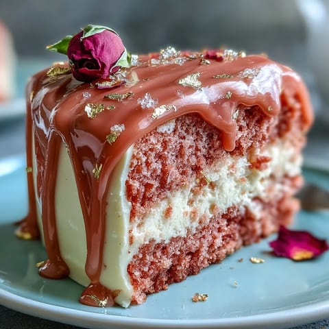 Pink velvet cake adorned with delicate rosé buttercream and a luxurious gold drip.