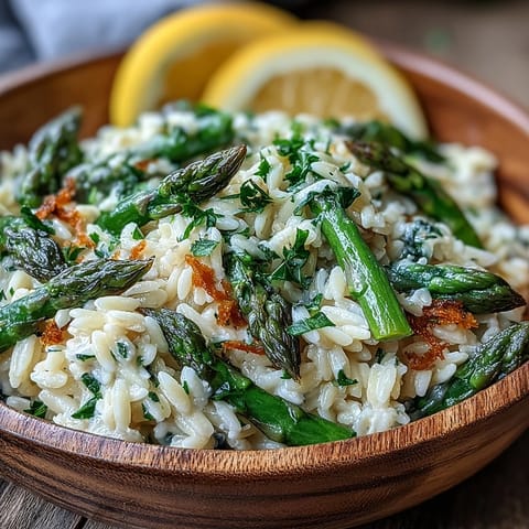 Vibrant lemon butter orzo with tender asparagus, a bright, easy Mediterranean main dish.