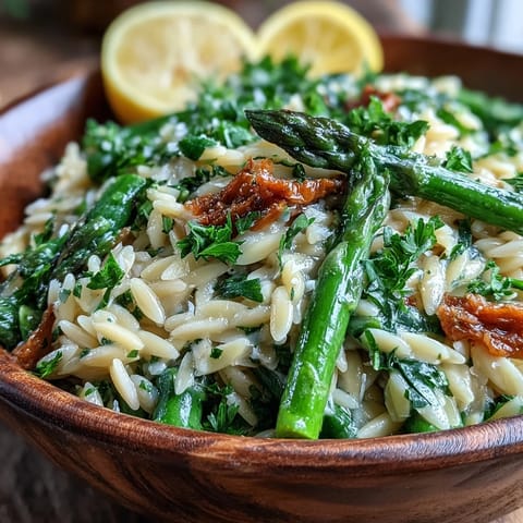 Creamy lemon butter orzo with asparagus, perfect for a quick and elegant weeknight meal.