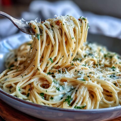 Golden garlic butter coats al dente spaghetti, topped with fresh Parmesan.