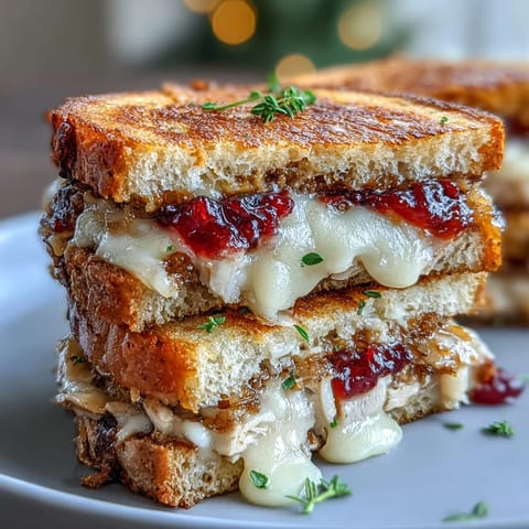 Golden brown Turkey Cranberry Grilled Cheese oozing melted Swiss cheese.