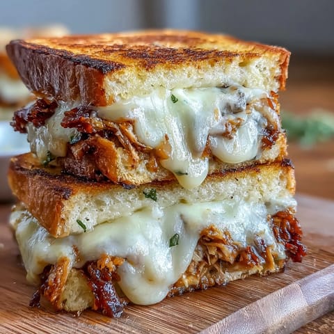 Smoky BBQ chicken grilled cheese, melty cheddar oozing from toasted sourdough bread.