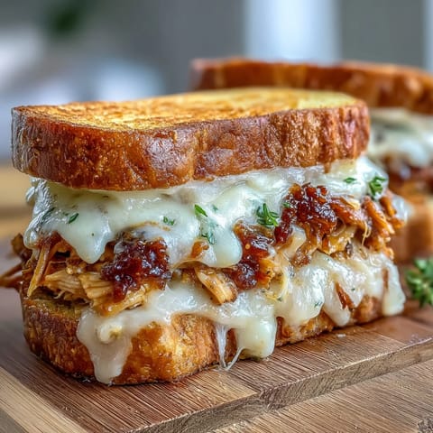Golden-brown BBQ chicken grilled cheese sandwich, perfect with a side of coleslaw.