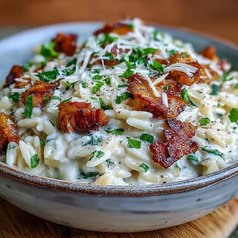 A delicious bowl of orzo carbonara, glistening with silky sauce and pepper.