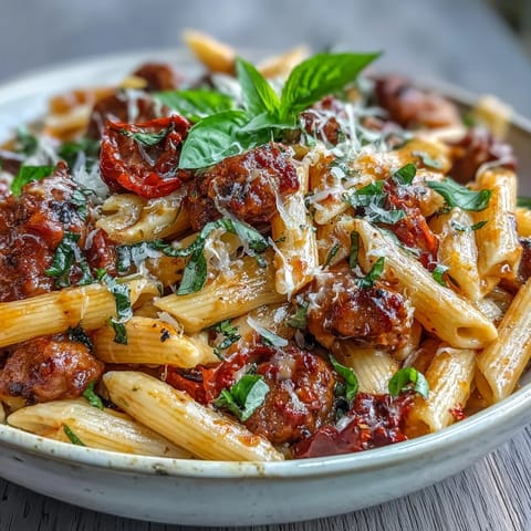 Creamy Tomato Sausage Pasta dish, rich with browned sausage and herbs.