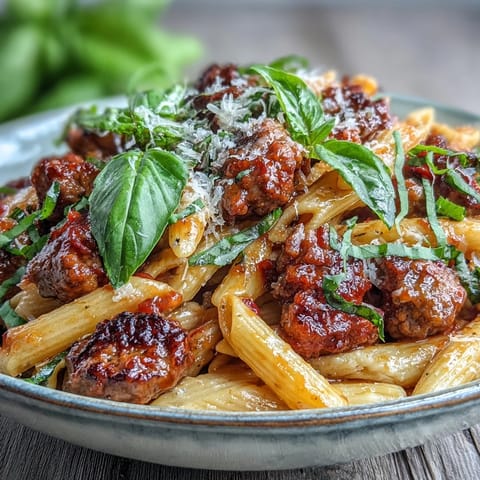 Hearty Creamy Tomato Sausage Pasta, featuring al dente pasta coated in sauce.