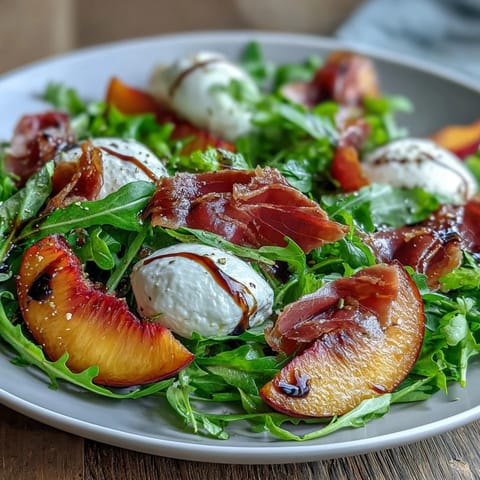 Creamy burrata, sweet peaches, and salty prosciutto in a vibrant summer salad.