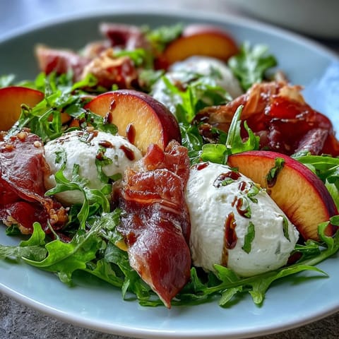 This peach burrata prosciutto salad looks refreshing with fresh basil and a balsamic drizzle.