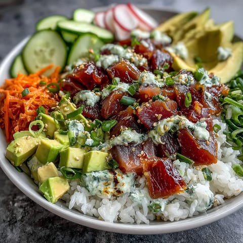 Vibrant canned tuna poke bowl with avocado, cucumber, and zesty dressing.