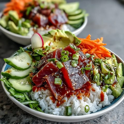 Colorful canned tuna poke bowl, perfectly plated with fresh veggies and rice.