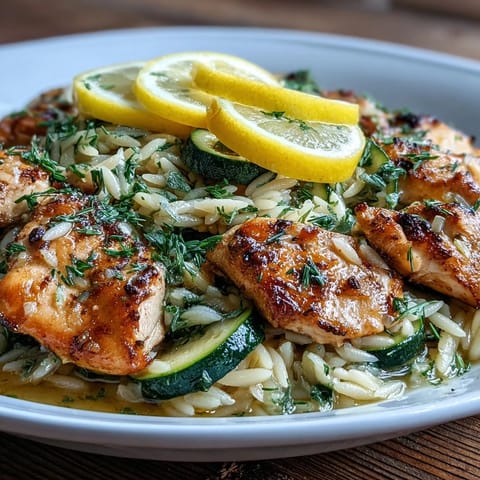 Golden lemon chicken and zucchini orzo dish, a flavorful one-pan meal.