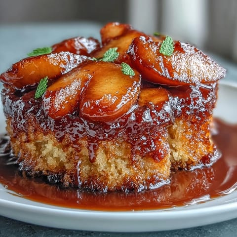 Golden brown sugar peach upside-down cake with caramelized fruit, ready to serve.