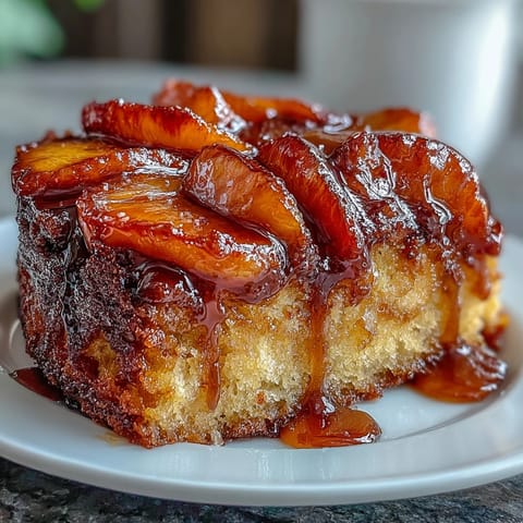 Moist cake studded with juicy, tender peach slices baked with brown sugar.