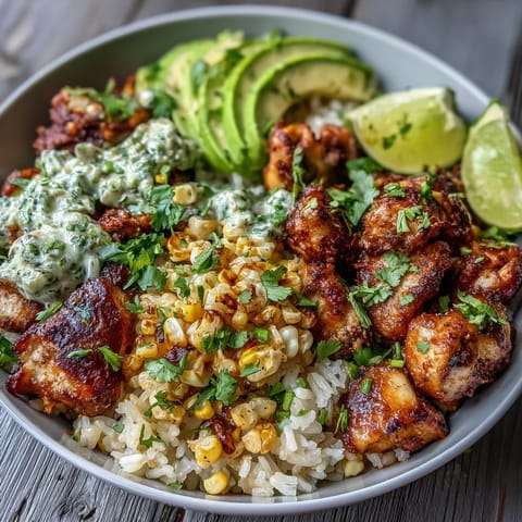 Street Corn Chicken Rice Bowls overflowing with seasoned chicken, creamy corn, and fresh cilantro.