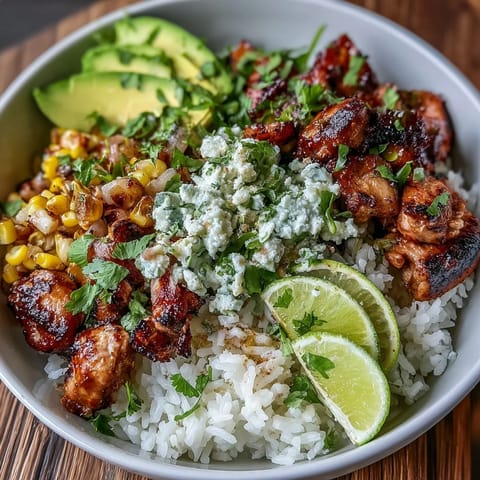 Vibrant Street Corn Chicken Rice Bowls piled high with juicy chicken and zesty corn salsa.