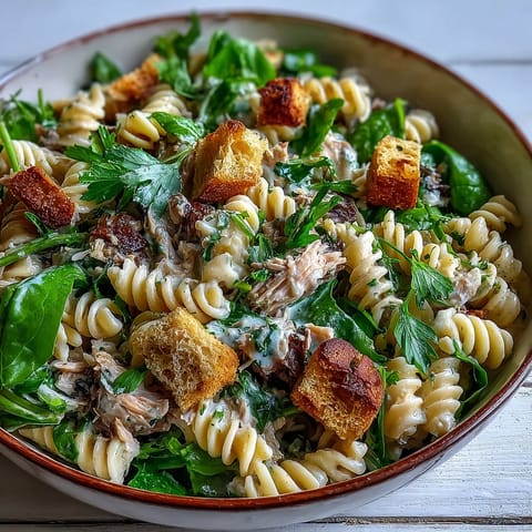 Sardine Caesar Pasta Salad: tender pasta, crisp romaine, and flaky sardines tossed in creamy dressing.