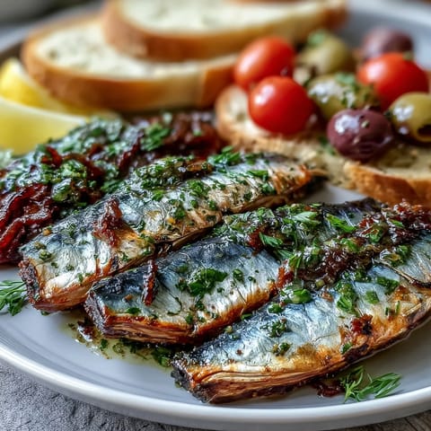 Vibrant Lemon Herb Tinned Fish Picnic Board with colorful veggies and crusty bread.