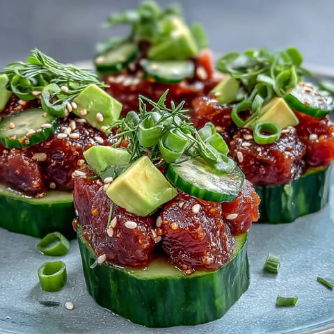 Vibrant Spicy Tuna Pickle Poke Cups photographed on a platter, ready to serve.