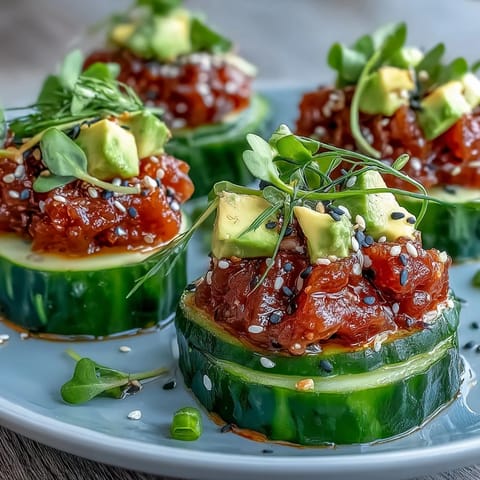 Delicious appetizers: Spicy Tuna Pickle Poke Cups topped with avocado and sesame seeds.