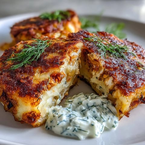 Golden crispy mackerel potato cakes piled high with fresh dill yogurt sauce.