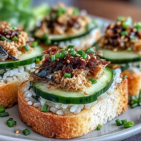 Golden Crispy Rice Sardine Toasts appetizer, showcasing crunchy texture and fresh garnishes.