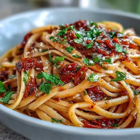 Smoky Anchovy Tomato Butter Pasta, a rich, silky dish with vibrant red sauce.