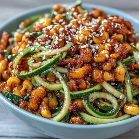 Vibrant chili crisp corn and cucumber noodles with a fresh, zesty dressing.