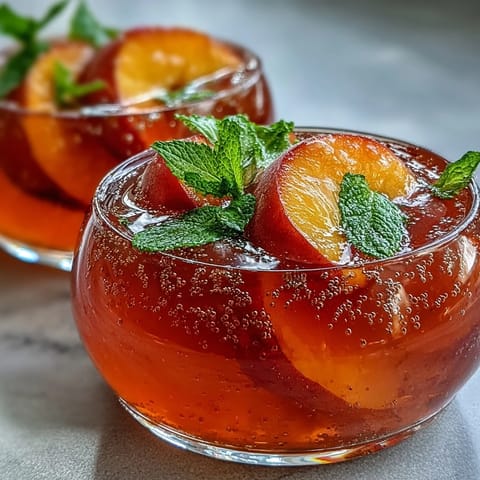 Sparkling Peach Bellini Jello Cups with fresh peach garnish, perfect for celebrations.