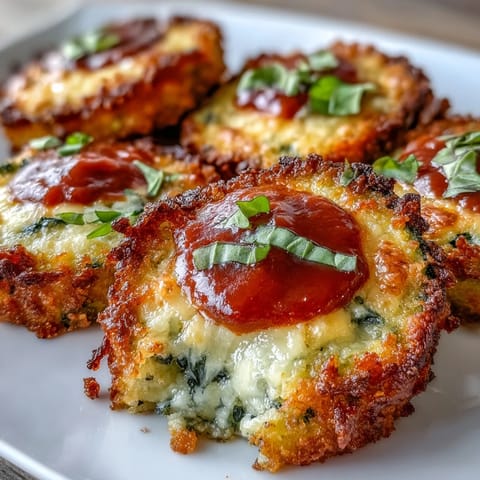 Golden crispy zucchini pizza bites topped with melted mozzarella and red sauce.
