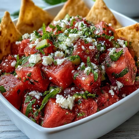Refreshing Watermelon Feta Salsa with crispy pita chips, a vibrant summer appetizer.