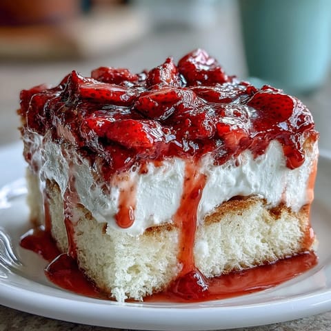 Decadent Strawberry Horchata Tres Leches Cake, moist and swirled with cream.